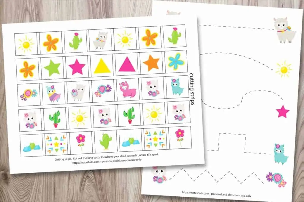 Free printable llama themed cutting strips and prewriting worksheets for preschoolers and kindergartners. The printables feature cute cartoon llama images and are shown on a woodgrain background.