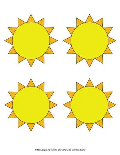 Free printable sun template with four medium yellow suns surrounded by orange sunshine.