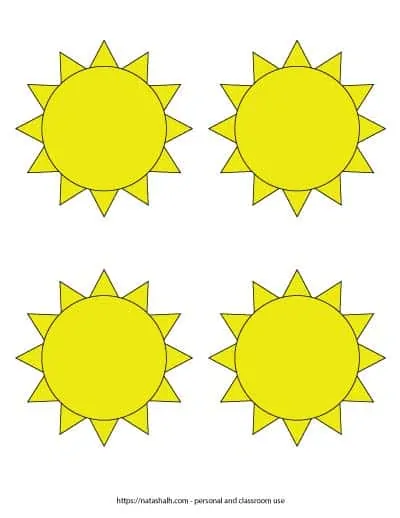 Free printable yellow sun templates. There are four medium yellow suns in a grid. Each sun is 3.75" across.