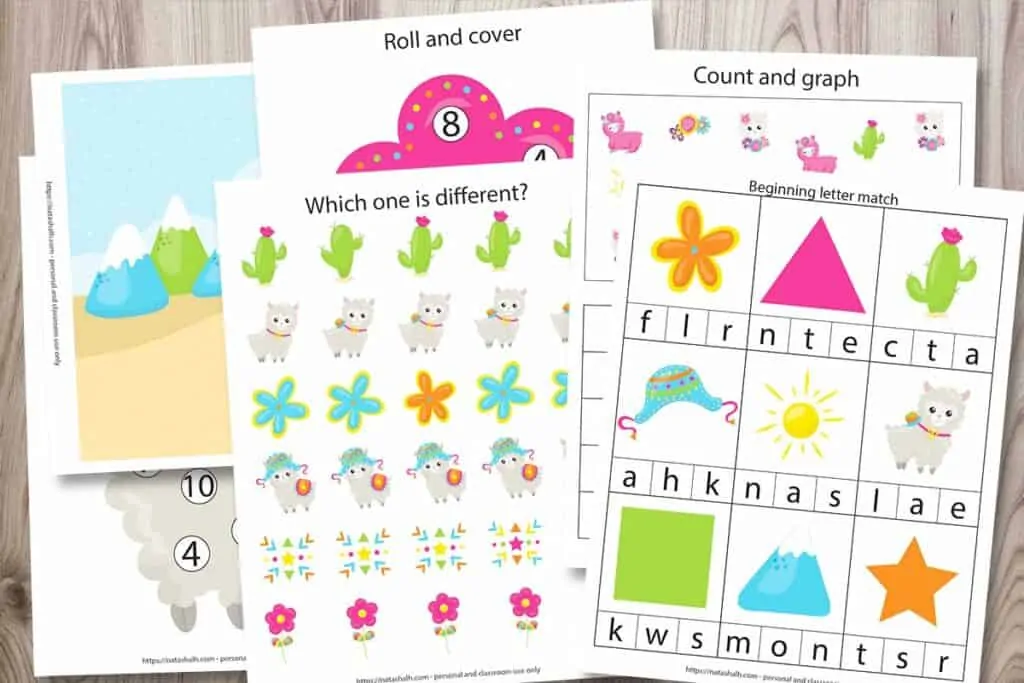 Preview images from a preschool learning pack featuring llamas. Pages shown include a beginning letter match printable with shapes and llama-related images, a pattern recognition page called "Which one is different?", a roll and cover do a dot printable with a pink flower and umbers 1-10, count and grab with llamas, cacti, and flowers, and a play dough mat with a dessert scene featuring mountains and a cactus.
