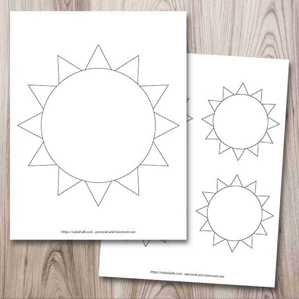 A square image with a preview of two printable sun templates. On the top left is a large sun template that fills the entire page. It is a simple sun in black and white. Behind this page is a partially concealed page with four simple sun templates. Two of the suns are fully visible and only a couple spikes from the other two suns are visible.  