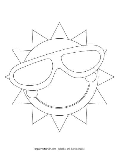A preview of a printable black and white sun template. The sun is wearing a large pair of sunglasses and has a big smile with cheeks. The sun outline fills the entire page. On the bottom is written "natashalh.com - personal and classroom use only"