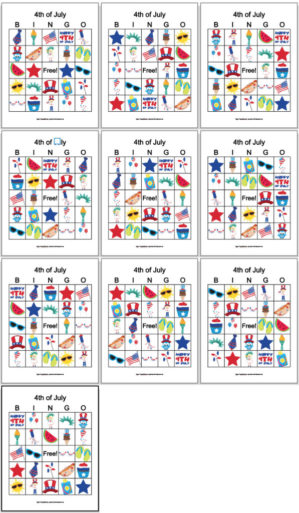 Set of 10 printable 4th of July patriotic bingo cards for kids. All 10 cards are shown. The cards feature patriotic American cartoon images and summer images.