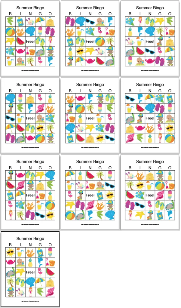 A screenshot of 10 free printable summer themed picture bingo cards. The boards are shown with three rows of three cards and a final, tenth card below on its own row. The boards each feature 24 cartoon summer themed images like a flamingo, flip-flops, a slice of watermelon, a palm tree, and a beach ball. The cards are shown on a plain white background.