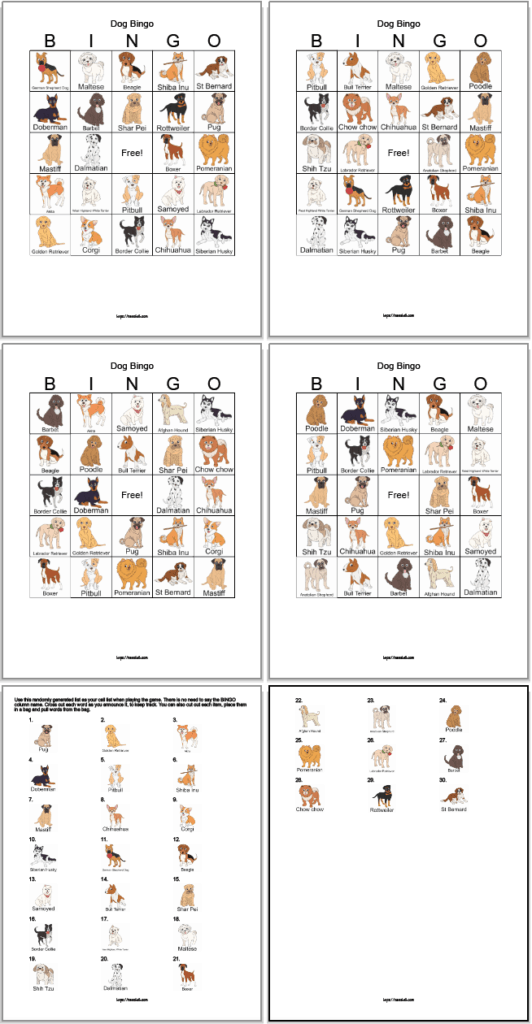 Set of four free printable dog bingo cards with two cal cards. The images are somewhat realistic illustrations with the name of each dog.