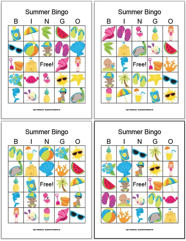 A screenshot of four printable summer bingo cards. Each card features 24 cartoon summer-themed images (beach umbrella, watermelon slice, flip flops, sunglasses, etc.). The picture bingo cards are in a 2x2 grid on a white background.