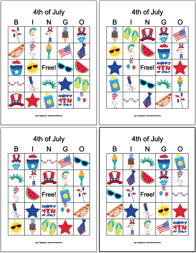 Preview of four printable 4th of July bingo boards for kids featuring cartoon patriotic American images