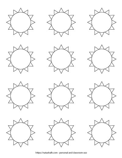 A preview of printable black and white sun templates. there are twelve small suns. Each one is 2" across. On the bottom is written "natashalh.com - personal and classroom use only"