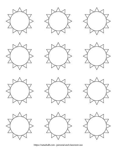 A preview of printable black and white sun templates. there are twelve small suns. Each one is 2" across. On the bottom is written "natashalh.com - personal and classroom use only"