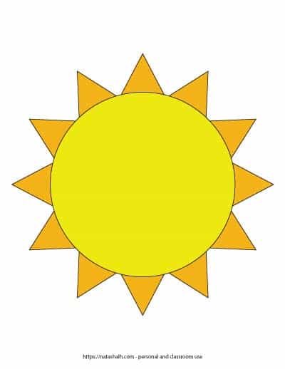 A preview of a yellow and orange sunshine template. The center is yellow and it is surrounded by orange spikes. The sun outline fills the entire page. On the bottom is written "natashalh.com - personal and classroom use only"