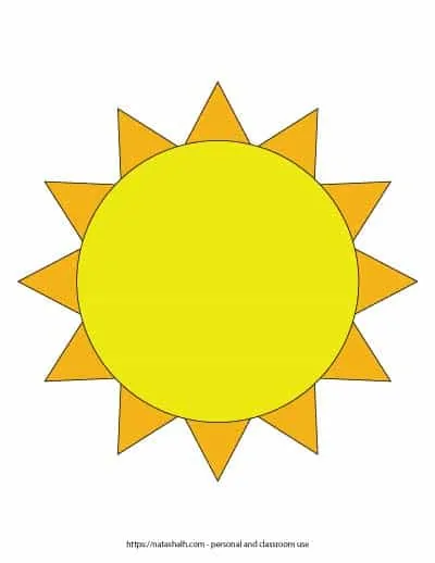 A preview of a yellow and orange sunshine template. The center is yellow and it is surrounded by orange spikes. The sun outline fills the entire page. On the bottom is written "natashalh.com - personal and classroom use only"