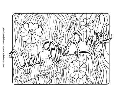 quote coloring page with "you are loved" in script font and hand drawn wavy lines and daisy flowers in the background