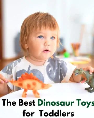 Text "The best dinosaur toys for toddlers" with an image of a toddler sitting at a white table playing with two plastic toy dinosaurs