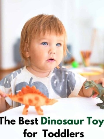 Text "The best dinosaur toys for toddlers" with an image of a toddler sitting at a white table playing with two plastic toy dinosaurs