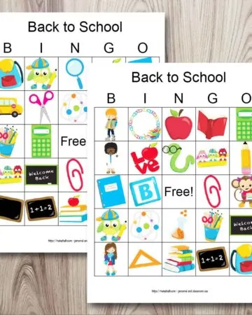 two free printable back to school themed bingo boards on a wood background. The cards each have 24 back to school cartoon images like chalkboards, books, and school supplies