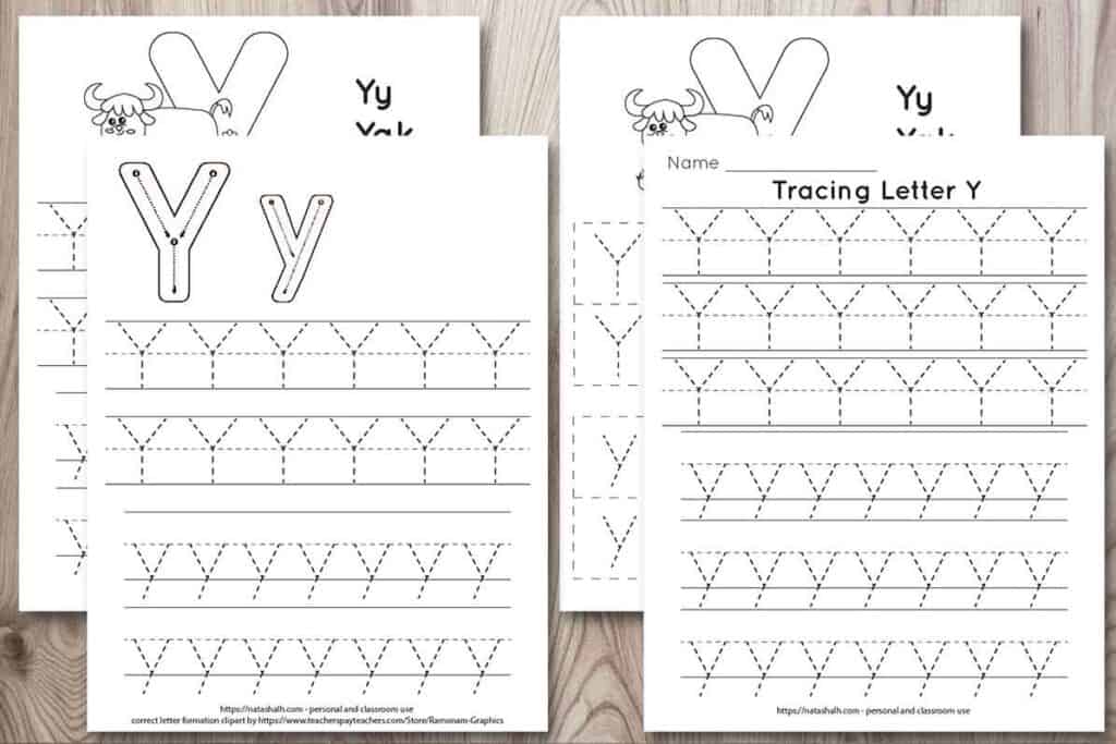 four free letter y tracing printables on a wood background. Each features uppercase and lowercase letter y's to trace in a dotted font. One has correct letter formation graphics and two have a cute yak to color and the text "Yy Yak"