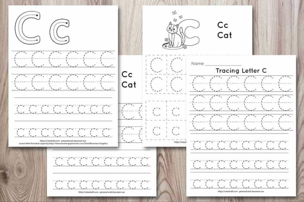 Four printable letter c tracing worksheets. There is a wood grain background and four printable letter c printables stacked on top of one another. The printables all feature lowercase and uppercase C's to trace in a dotted font.