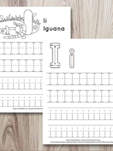 two free printable letter i tracing worksheets on a wood background. Both have uppercase and lowercase letters to trace. The page in front has correct letter formation graphics and the page in back has an iguana to color