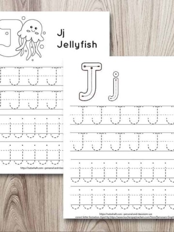 two free printable letter j tracing worksheets on a wood background. Both have uppercase and lowercase letter j's to trace in a dotted font. One has correct letter formation graphics for the letter j. The other worksheet has a jellyfish to color