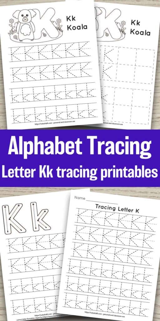 Text "alphabet tracing letter Kk tracing printables" with a preview of four printable letter k tracing worksheets. All feature uppercase and lowercase letter k's to trace. Two also have a koala to color. One has correct letter formation graphics for K and k. The final page has six lines of dotted letter k's to trace.