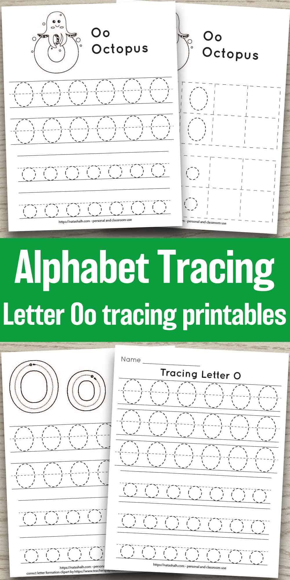 Free printable letter o tracing worksheets. There are four worksheets on a wood background. All have uppercase and lowercase letter o's in a dotted font to trace. Two worksheets have an octopus to color. One has correct letter formation graphics for the letter o. The other has six lines of letter o tracing practice without extra images.