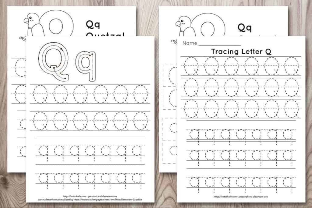 Free printable letter q tracing worksheets. There are four worksheets on a wood background. All have uppercase and lowercase letter q's in a dotted font to trace. Two worksheets have a quetzal bird to color. One has correct letter formation graphics for the letter q. The other has six lines of letter q tracing practice without extra images.