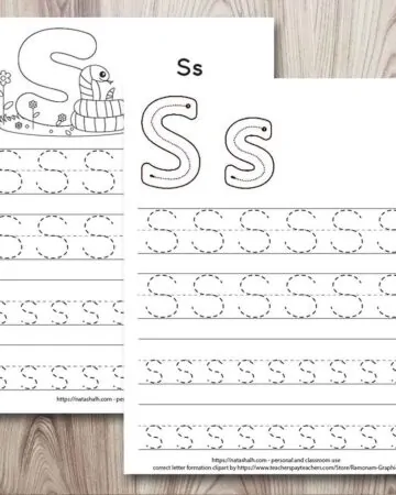 two free printable letter s tracing worksheets on a wood background. The worksheet in from has correct letter formation graphics for S and s as well as four lines of dotted letter s tracing practice. The worksheet behind also has four lines of letter s's to trace. At the top of the page is a cute cartoon snake to color.
