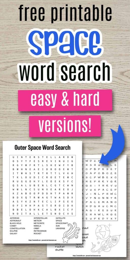 text "free printable space word search - easy & hard versions!" with an arrow pointing at two word search printables featuring outer space themed words. 