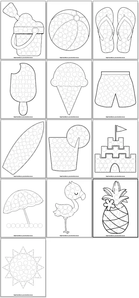 13 free printable summer do a dot printables. The printables are black and white outlines filled with .82" circles for using bingo dauber or do a dot markers with. The designs are: sand bucket, beach ball, flip-flops, popsicle, ice cream cone, board shorts, surfboard, lemonade, sand castle, beach umbrellas, flamingo, pineapple, and a sun