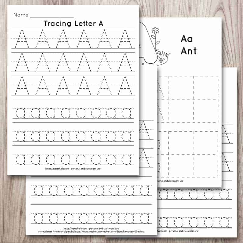 Four printable letter a tracing pages in a digital mockup on a wood background. The pages are piled on one another. Each page has uppercase and lowercase letter a's to trace. The letters are formed in a dotted font for easy tracing.