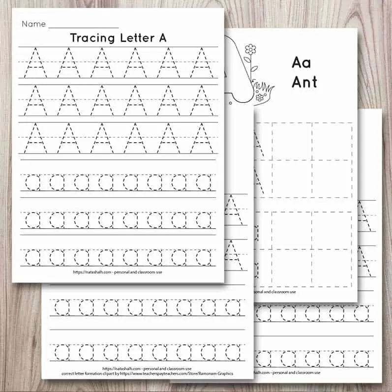 Four printable letter a tracing pages in a digital mockup on a wood background. The pages are piled on one another. Each page has uppercase and lowercase letter a's to trace. The letters are formed in a dotted font for easy tracing.