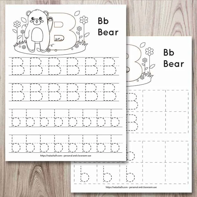 Two printable letter B tracing worksheets mockup on a wood background. The front page has a bear to color and four lines of dotted letter b's to trace. The page behind also has a bear and letters to trace. The letters are in boxes.