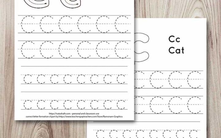 Letter Cc tracing pages. There are two pages on a wood background. The top page has four lines of c's in a dotted font to trace and two correct letter formation graphics. The bottom page has four lines of C's to trace and a cat to color