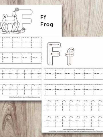 two letter f tracing worksheets on a wood background. One has correct letter formation graphics and the other has a frog to color. Both have uppercase and lowercase F's to trace