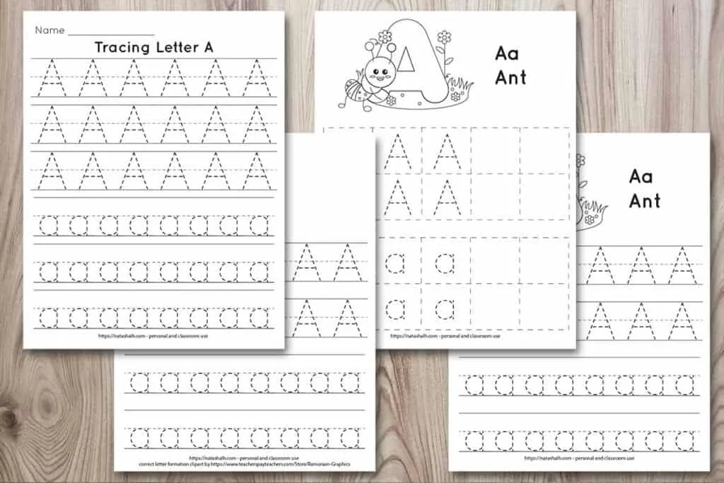 Four printable tracing worksheets for the letter A. Each worksheet features the letter in capital and lowercase in a dotted font for easy tracing. Three worksheets have lines and one worksheet has boxes to fill in with the letter.