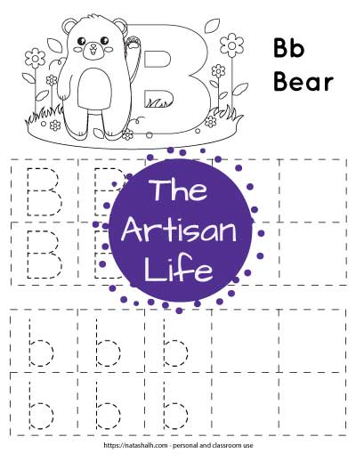 letter b tracing pages with a bear to color and boxes
