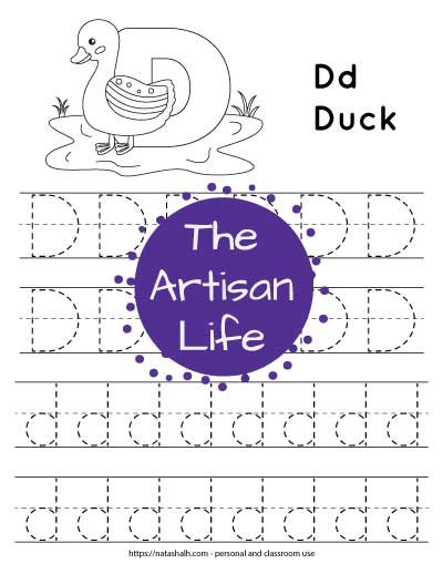 Letter D tracing worksheet with capital and lowercase letters in a dotted font to trace. There is also a duck to color at the top of the page.