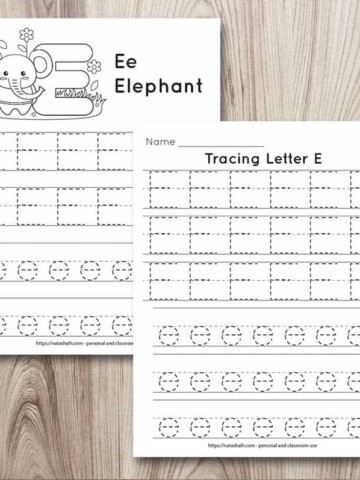 two letter e tracing pages on a wood background. Both pages feature uppercase and lowercase letter e's to trace. One page has six lines of letters. The other page has four lines to trace and an elephant to color