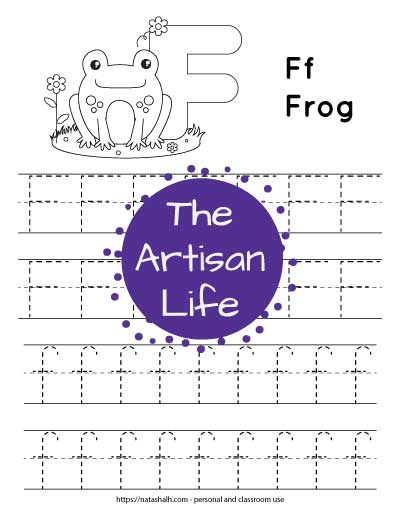 letter f tracing worksheet with four lines of F's and f's to trace and a frog to color