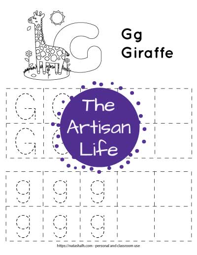 letter g tracing worksheet with uppercase and lowercase g's in dotted boxes to trace. There is a giraffe to color at the top of the page
