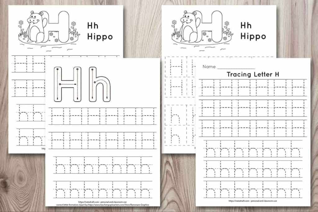 four letter f tracing printables on a wood background. Each has uppercase and lowercase letter h's to trace in a dotted font. Two worksheets have a hippo to color and one has correct letter formation graphics