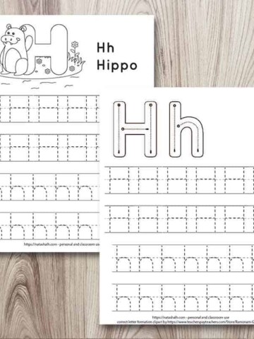two letter h tracing worksheets on a wood background. Both have uppercase and lowercase letter h's to trace. One has correct letter formation graphics and the other has a hippo to color