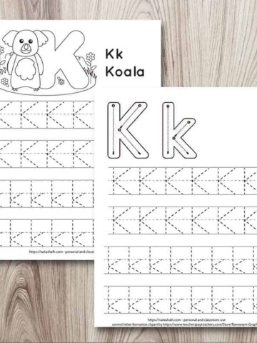 two letter tracing printtbels with the letter k in uppercase and lowercase. One worksheet has four lines of k's to trace and large correct letter formation graphics. The other sheet has four lines of k's to trace and a koala to color