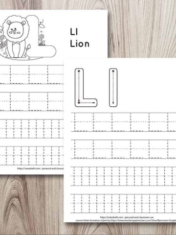 Free printable letter l tracing sheets with uppercase and lowercase l's to trace. Two pages are on a wood background. The page in front has correct letter formation graphics. The page behind has a lion to color. Both have capital and lowercase l's to trace.