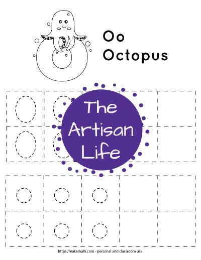Letter o tracing worksheet with dotted letter o's in boxes to trace. At the top of the page is an octopus on a large bubble letter o to color and the text "Oo octopus"