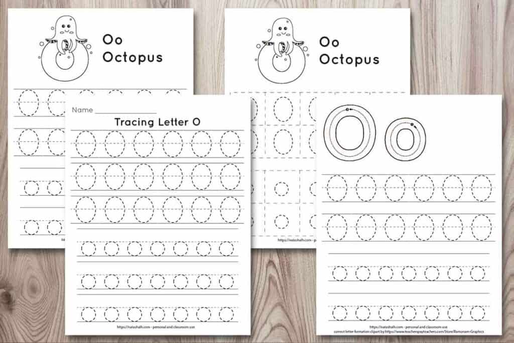 Free printable letter o tracing worksheets. There are four worksheets on a wood background. All have uppercase and lowercase letter o's in a dotted font to trace. Two worksheets have an octopus to color. One has correct letter formation graphics for the letter o. The other has six lines of letter o tracing practice without extra images.