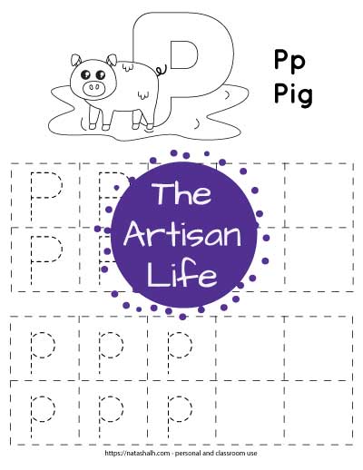 Letter p tracing worksheet with dotted letter p's in boxes to trace. At the top of the page is a pig with a large bubble letter p to color and the text "Pp Pig"
