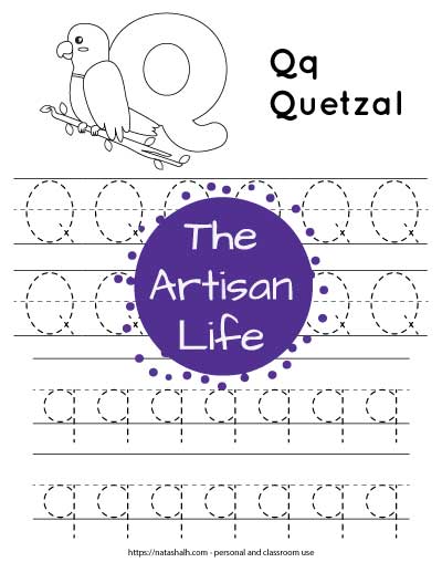 Free printable letter q tracing worksheet with uppercase and lowercase q's in a dotted font to trace. There are two lines each of uppercase and lowercase letters. At the top of the page is a bubble letter Q and a quetzal bird to color with the text "Qq quetzal"