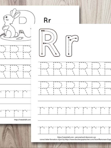 two letter r tracing printable on a wood background. Both have uppercase and lowercase r's to trace. One has a rabbit to color and the other has correct letter formation graphics for uppercase and lowercase r