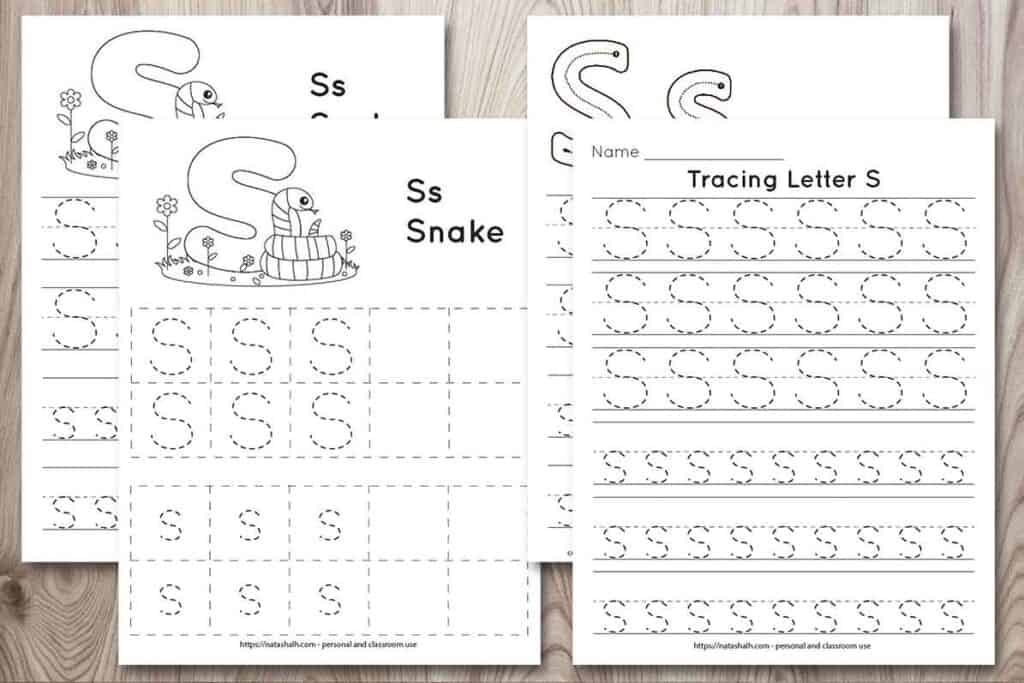 Four printable tracing worksheets for the letter s on a wood background. Each worksheet features the letter in capital and lowercase in a dotted font for easy tracing. Three worksheets have lines and one worksheet has boxes to fill in with the letter. Two of the pages feature a cute cartoon snake to color